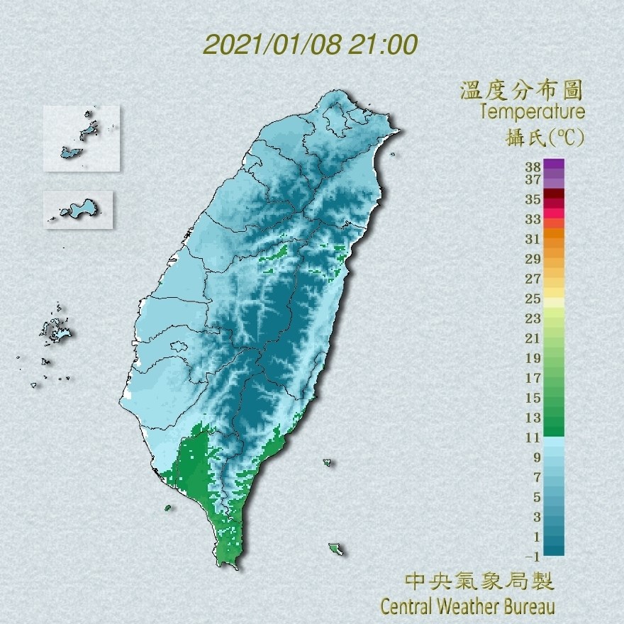 寒流持續影響,中央氣象局持續針對全台22縣市發布低溫特報,8至10日清晨各地天氣非常寒冷,易有10度以下氣溫。(圖取自中央氣象局網頁cwb.gov.tw)