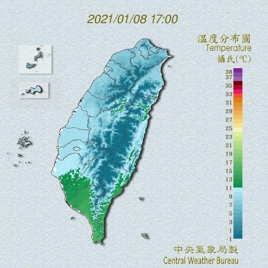 寒流持續影響,中央氣象局持續針對全台22縣市發布低溫特報,8至10日清晨各地天氣非常寒冷,易有10度以下氣溫。(圖取自中央氣象局網頁cwb.gov.tw)