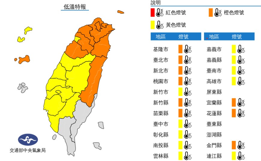 中央氣象局11日針對全台19縣市發布低溫特報,其中北北基等9縣市達橙色燈號。(圖取自氣象局網頁cwb.gov.tw)