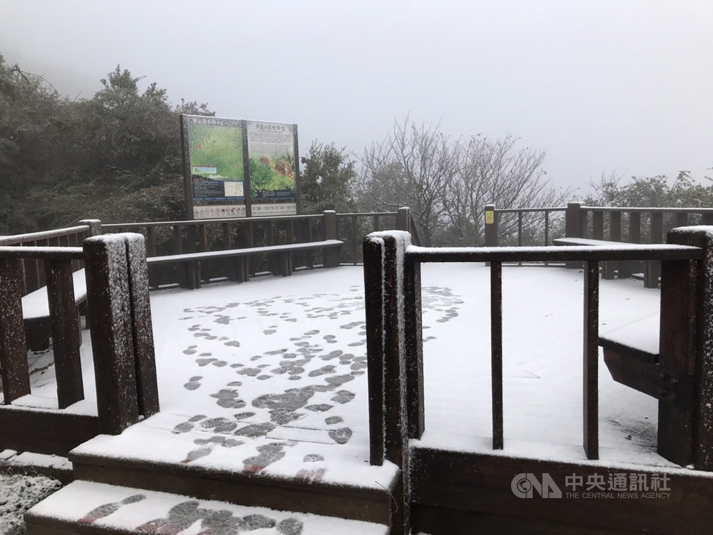 寒流發威,林務局新竹林區管理處觀霧國家森林遊樂區12日降下今年入冬以來初雪,但時間僅持續數小時,隨著陽光露臉,雪花已漸消融。(林務局新竹林管處提供)中央社記者管瑞平傳真 110年1月12日