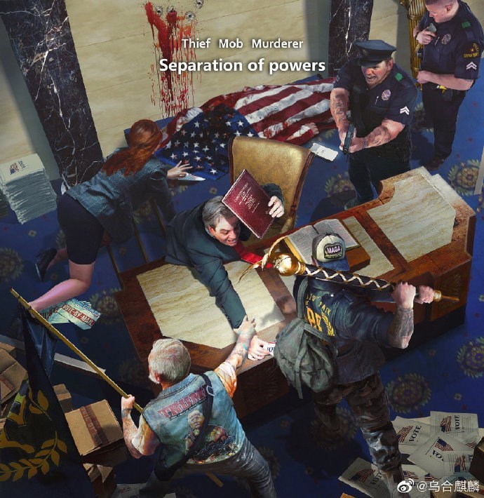 曾以畫作諷刺澳軍殺害阿富汗平民,掀起軒然大波的中國民族主義畫師烏合麒麟,日前又以美國國會遭示威者闖入為名發表新作「三權分立」。(圖取自烏合麒麟微博)