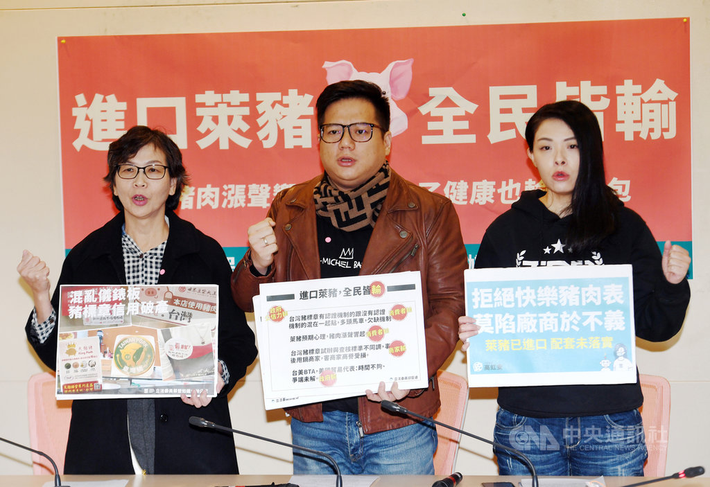 台灣民眾黨立委蔡壁如(左起)、邱臣遠、高虹安13日舉行記者會指出,政府開放萊豬後,引來台灣豬標章之亂,更讓國產豬肉價格蠢動,直言2021年第一亂就是萊豬之亂,呼籲政府要做好配套措施,源頭管理、進口肉品的標示等。中央社記者施宗暉攝 110年1月13日