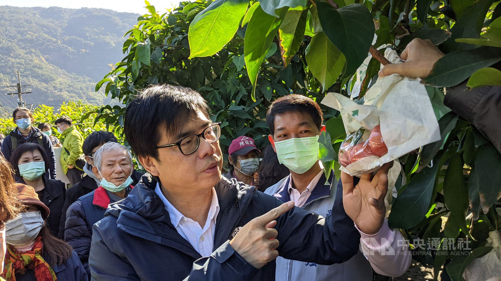 高雄市蓮霧遭受寒害,市府農業局統計受損面積達45.8 公頃,市長陳其邁(前中)13日到六龜區勘查蓮霧災損,籲農民速向區公所申辦救助並允協助農民復耕。(高市府提供)中央社記者王淑芬傳真 110年1月13日