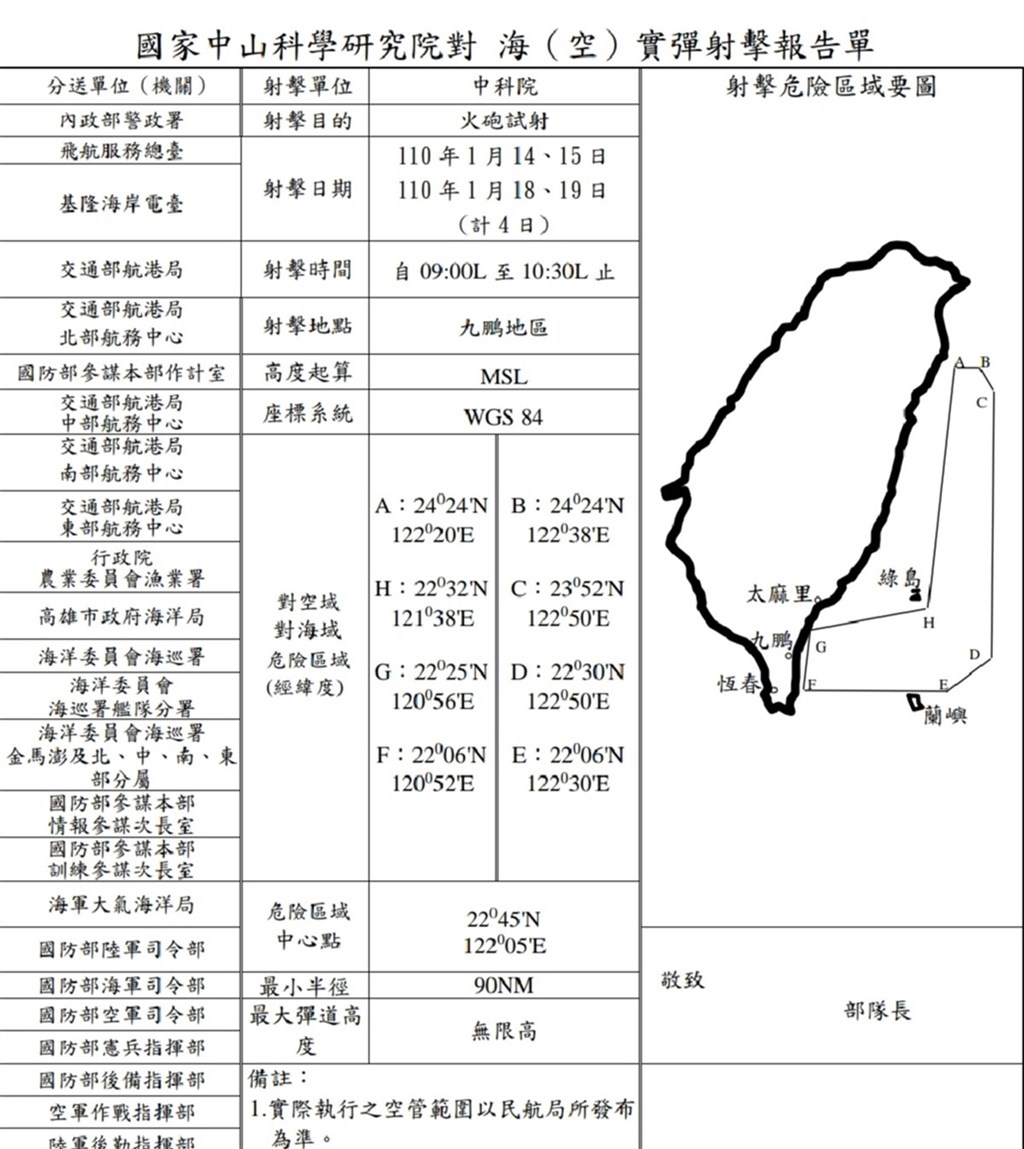 中科院110年度第2波長程飛彈射擊14日登場,解放軍偵查船罕見未現身,疑似和美國軍艦今晨從蘭嶼外海進入巴士海峽有關。(中科院提供)中央社記者盧太城台東傳真 110年1月14日