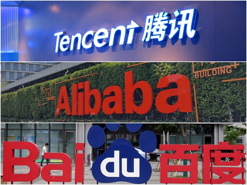 華爾街日報報導,美國政府考量潛在經濟衝擊後,決定不將中國網路三巨頭騰訊(上)、阿里巴巴(中)、百度(下)列入「中共軍方企業」名單。(上、中圖為中央社檔案照片,下圖為中新社)