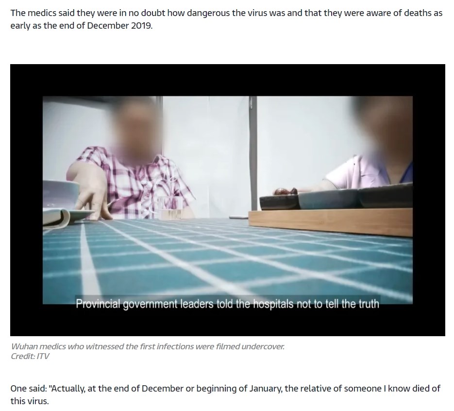 替英國獨立電視台ITV紀錄片祕密拍攝的公民記者錄製畫面中顯示,最早經手2019冠狀病毒疾病的武漢醫院高層表示,他們絕不懷疑這種病毒十分危險,也早在2019年12月底就得知有死亡案例。(圖取自ITV網頁itv.com)