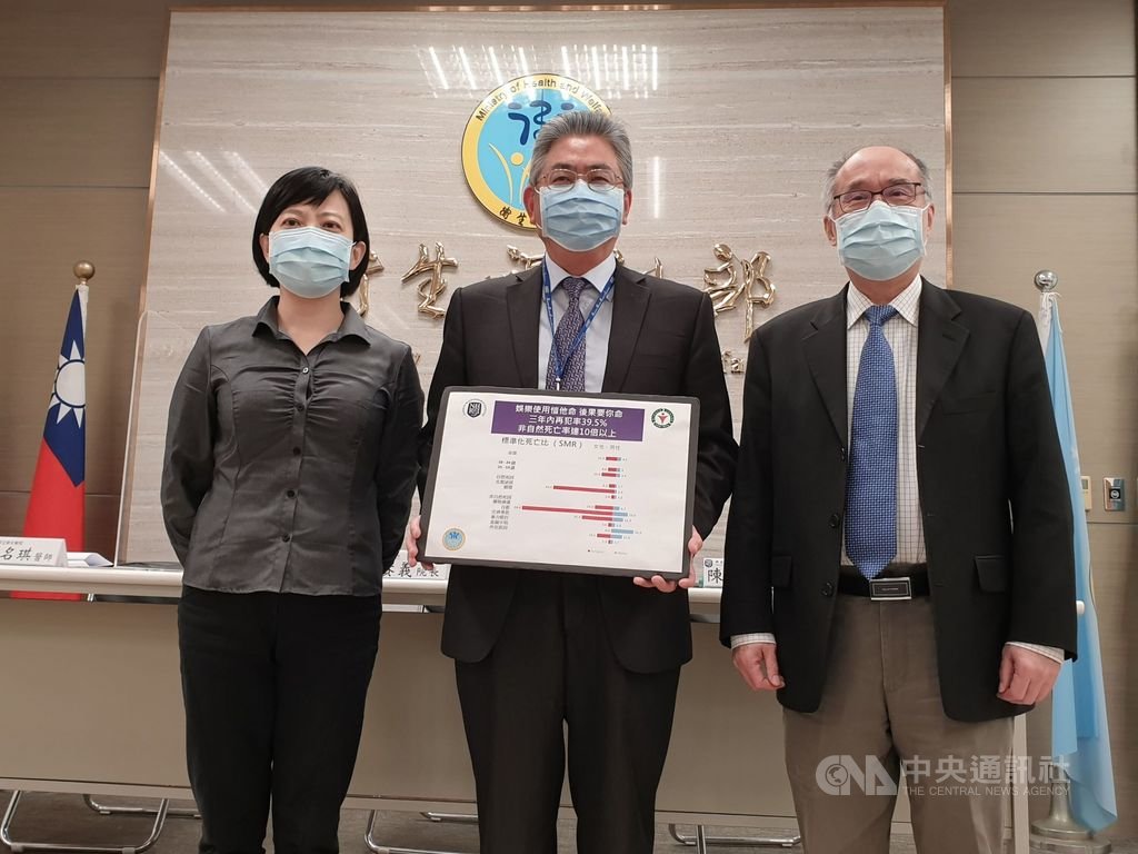 國家衛生研究院神經及精神醫學研究中心主任陳為堅(中)25日在記者會表示,國衛院一份追蹤近4萬名愷他命(K他命)初犯者的研究發現,娛樂使用愷他命者,3 年內再犯率達39.5%,死亡率比同齡者高4.9倍,且死於自殺、暴力毆打風險增,對女性影響更明顯。中央社記者陳偉婷攝 110年1月25日