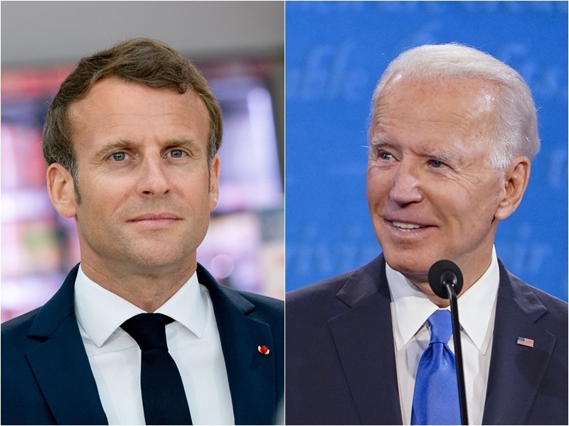 法國總統馬克宏(左)24日與美國總統拜登(右)通電話。(左圖取自facebook.com/EmmanuelMacron,右圖取自facebook.com/joebiden)