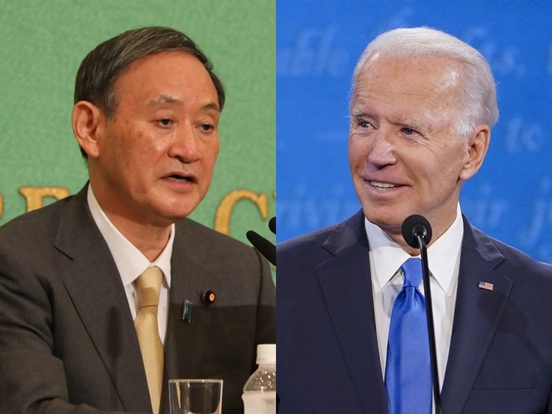 在中國擴張經濟與軍事力量之際,日本首相菅義偉(左)28日凌晨與美國總統拜登(右)進行電話會談。菅義偉表示,他與拜登同意強化雙邊聯盟。(左圖為中央社檔案照片;右圖取自facebook.com/joebiden)