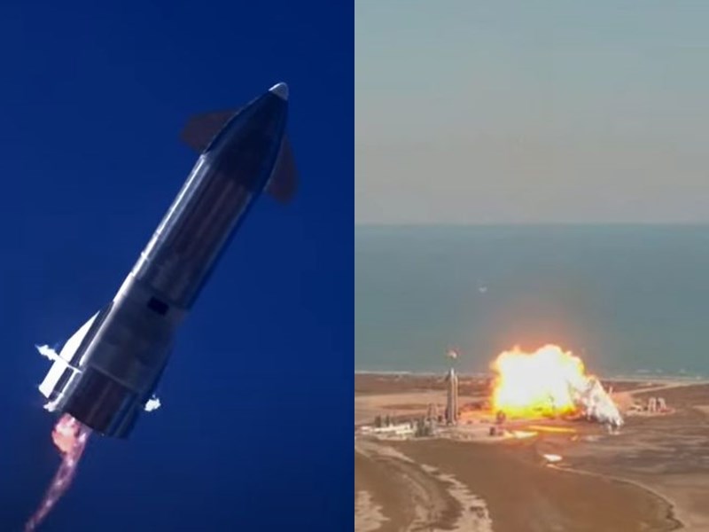 美國太空探索科技公司火箭原型2日在德州完成試飛後,在嘗試垂直降落時爆炸化為火球。(圖取自SpaceX YouTube網頁youtube.com)