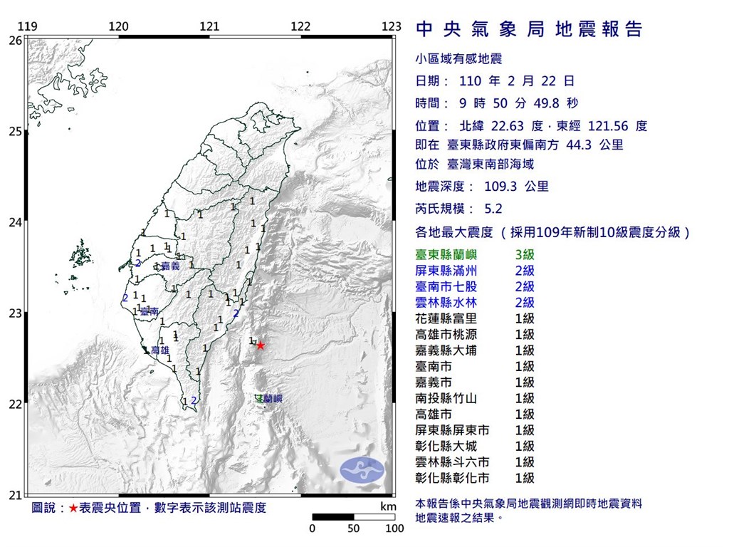 台灣東南部海域22日上午9時50分發生芮氏規模5.2地震,地震深度109.3公里,最大震度台東縣3級。(圖取自中央氣象局網頁cwb.gov.tw)