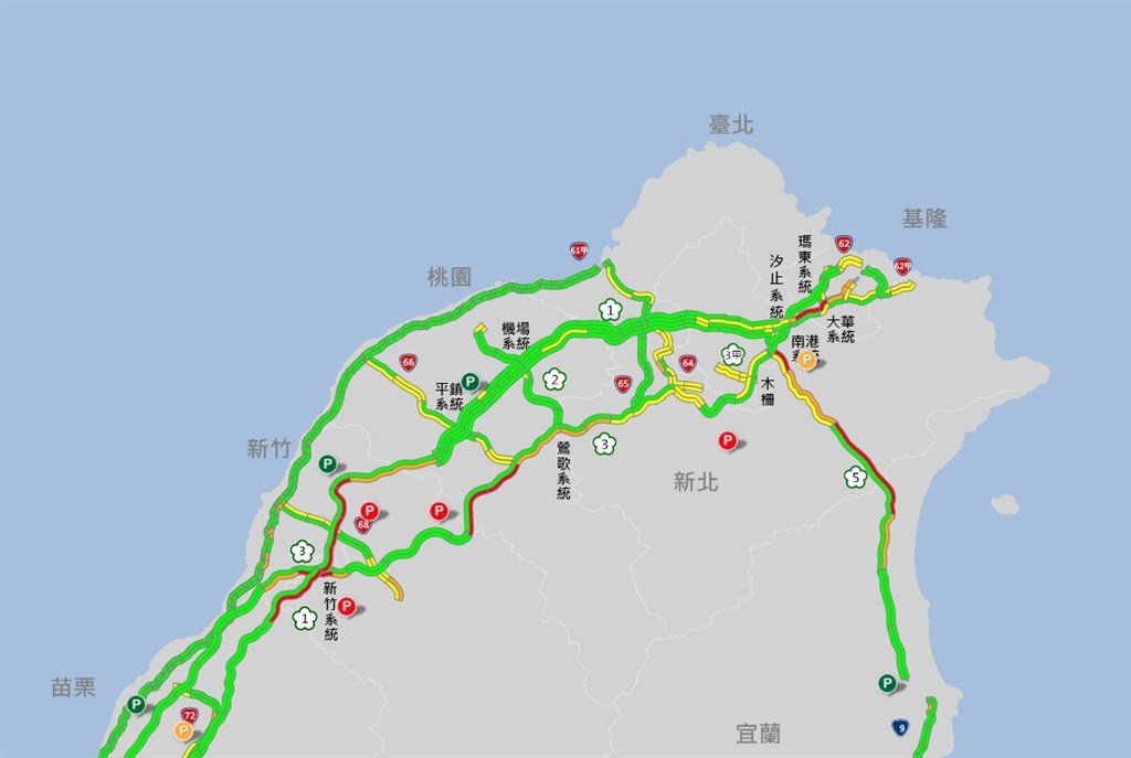 國道即時路況顯示，2月28日截至晚間7時30分，國道仍有多處路段車多壅塞，其中國5宜蘭到石碇路段估要到3月1日凌晨0時才會紓解。（圖取自高速公路1968網頁1968.freeway.gov.tw）