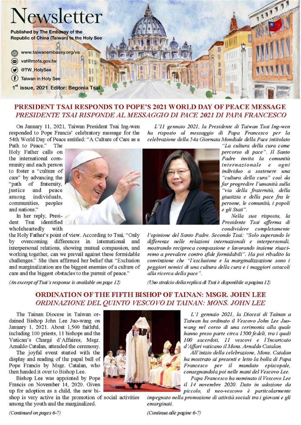 駐教廷大使館刊出最新一期新聞信,內容顯示即使在梵中簽署協議後,兩岸近期主教就職儀式仍迥異,台灣推崇教宗任命,中國完全避談教宗。(駐教廷大使館提供)中央社記者黃雅詩梵蒂岡傳真 110年3月3日