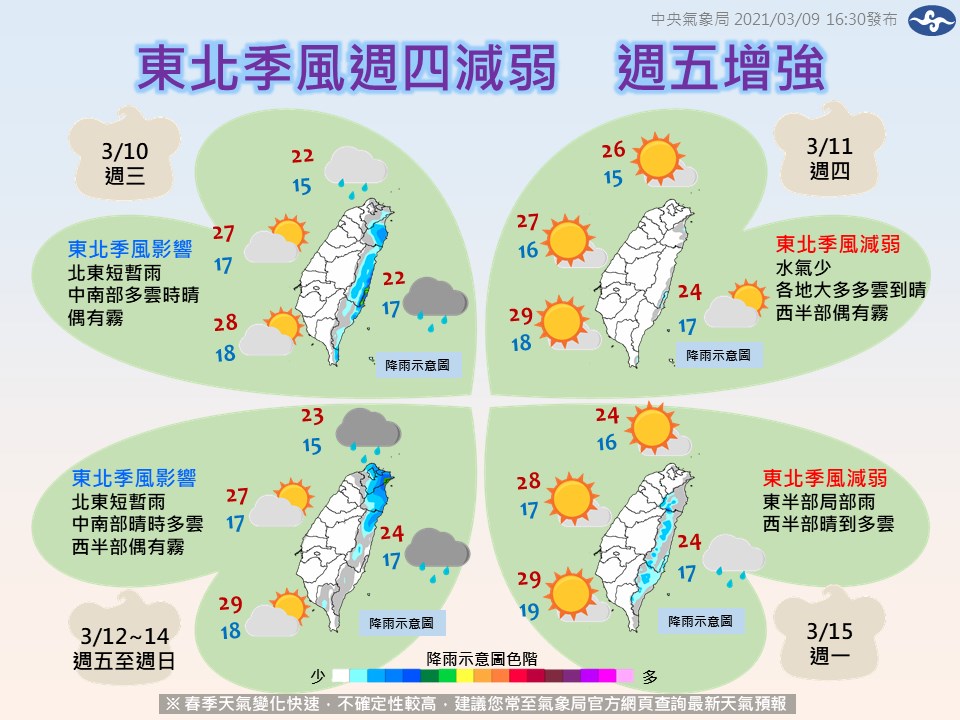 氣象局表示,10日白天北部高溫約攝氏20度,11日回暖,12日下半天另一波東北季風挾水氣,北部、東半部再轉溼涼;預估15日天氣又再回穩。(圖取自facebook.com/CWB.TW)