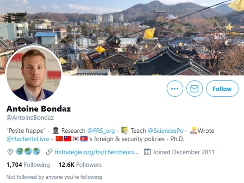 中國使館19日辱罵法國學者波恩達茲引起各界不滿譴責,波恩達茲本人除了感謝聲明支持他的各界人士外也發揮幽默感,在推特自介加上「流氓」。(圖取自twitter.com/AntoineBondaz)