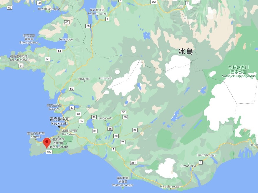法格拉達爾山（紅標處）19日火山噴發，距首都雷克雅維克約30公里。（圖取自Google地圖google.com.tw/map）