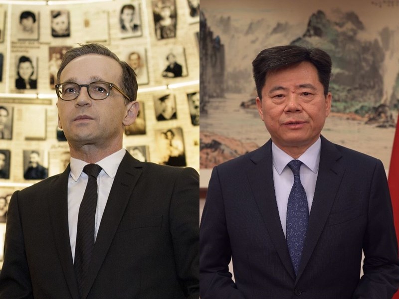 德國外交部長馬斯(左)23日召見中國大使吳懇(右),對中國制裁德國議員和學者表示不滿。(左圖取自facebook.com/heiko.maas.98,右圖取自中國駐德使館網頁de.china-embassy.org)