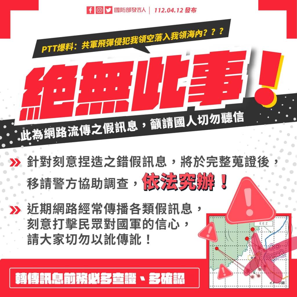 網傳共軍飛彈侵犯領空 國防部：錯假訊息 政治 中央社 Cna