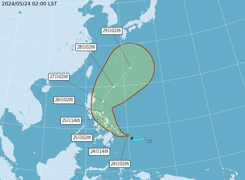 熱帶性低氣壓TD01的中心位置24日2時在北緯8.1度、東經129.9度。（圖／取自中央氣象署網頁cwa.gov.tw）