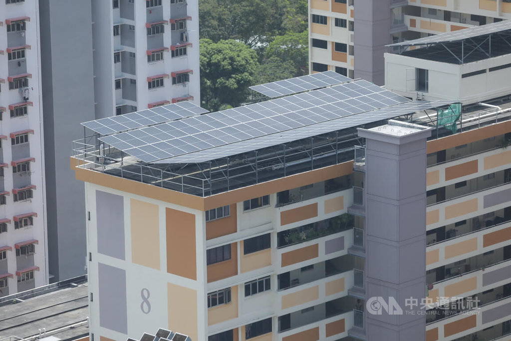 全球淨零排放方興未艾，新加坡碳交所成為東南亞主要碳交易平台，新加坡民間也共同努力推動節能方案，圖為組屋區屋頂的太陽能板。中央社記者黃自強新加坡攝 113年7月5日