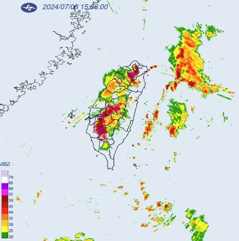 氣象署更新大雷雨警戒範圍，截至8日下午3時許，包含雙北、彰雲嘉南等地區慎防劇烈降雨。（圖／取自氣象署網頁cwa.gov.tw）