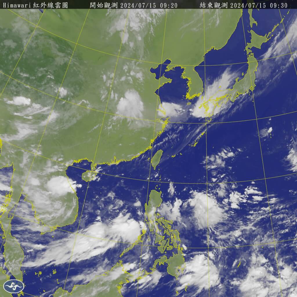 氣象專家賈新興預估，18至19日間有約3至4成的機會生成今年第3號颱風凱米，預測往港澳移動。圖為15日9時30分衛星雲圖。 ​​​​​​​（圖／取自中央氣象署網頁cwa.gov.tw）