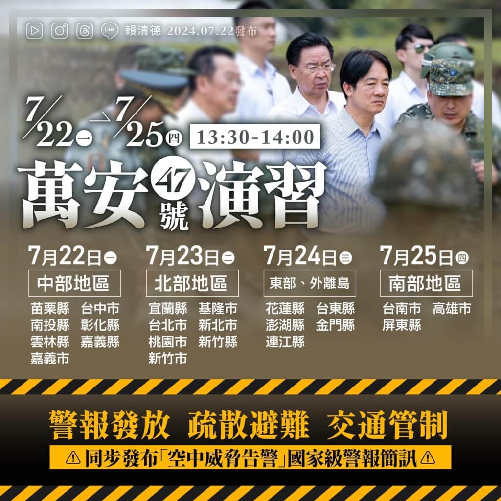 萬安演習22日到25日分區實施，總統賴清德提醒民眾收到「空中威脅告警」簡訊時保持冷靜。（圖／取自facebook.com/chingte）