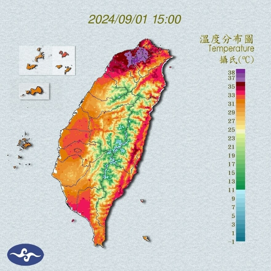 1日下午15時全台氣溫分布圖。（圖／取自氣象署網頁cwa.gov.tw）