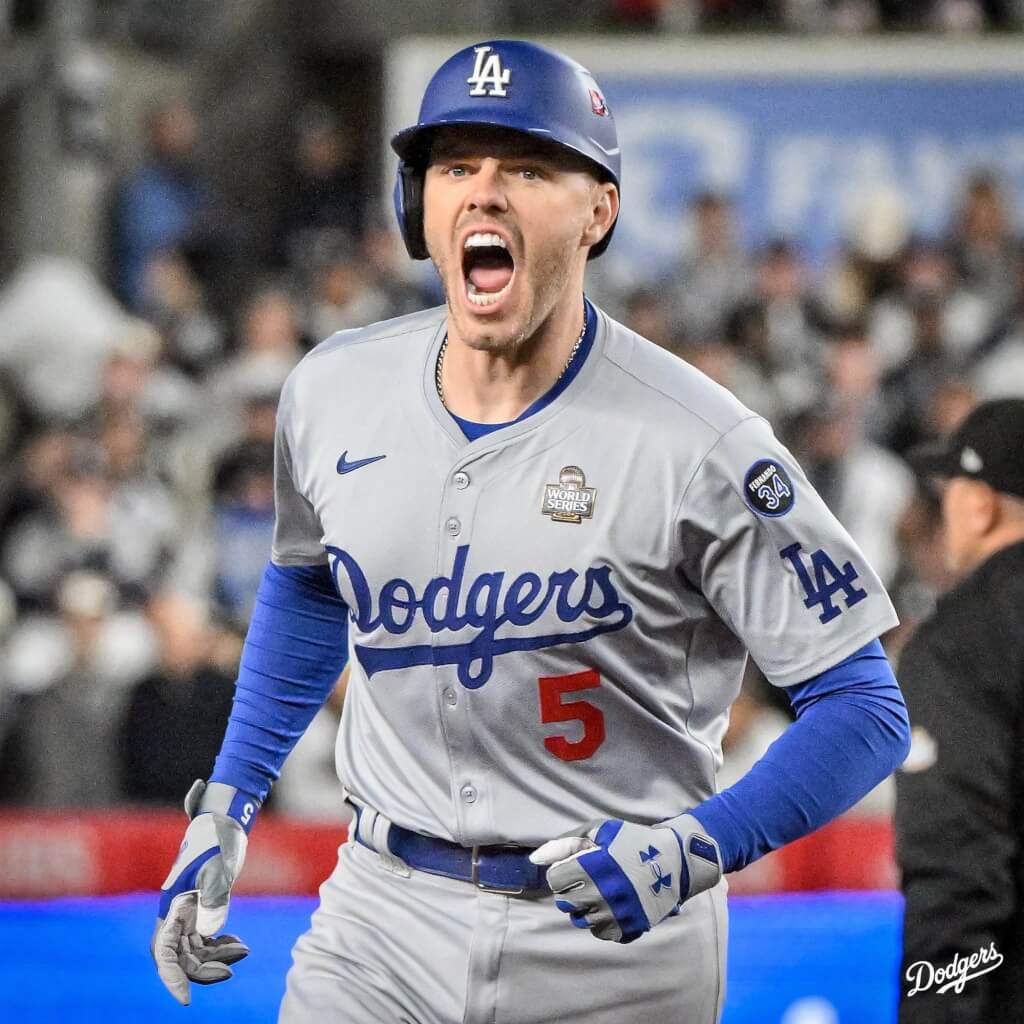 MLB世界大賽第3戰，紐約洋基回到主場迎戰洛杉磯道奇，道奇弗利曼第1局就開轟。（圖／取自x.com/Dodgers）