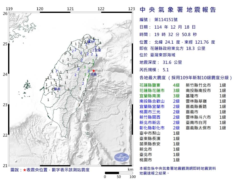 花蓮晚間有感地震 宜花震度預估3級以上