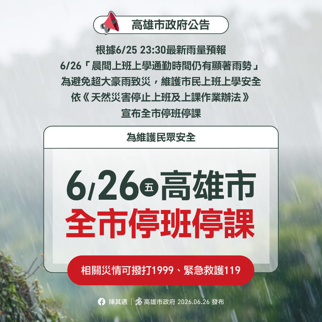 晨間通勤時段雨勢顯著 高雄市26日停班課