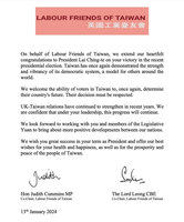 英國外委會主席祝賀賴清德勝選 讚台灣民主為區域典範