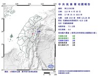 花蓮縣萬榮鄉規模4.4地震  最大震度4級