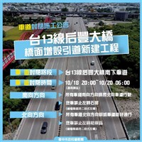 台中后豐大橋引道工程 10/18夜間起實施調撥車道