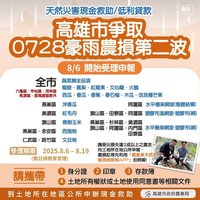 高雄市0728豪雨第二波農損救助　8/6起受理申報