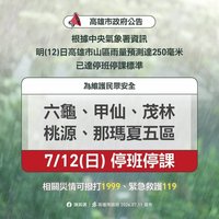 高雄山區5區雨量預測達標　7/12停班停課
