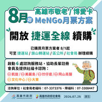 高雄敬老博愛卡　8月增MeNGo月票購買據點