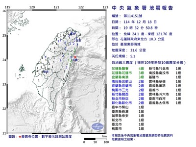 花蓮外海地震規模5.1　最大震度鹽寮4級
