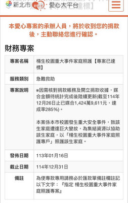 新北校園命案捐款已破千萬  達成率達285％