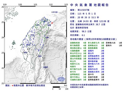 東部海域地震規模6.1　最大震度4級