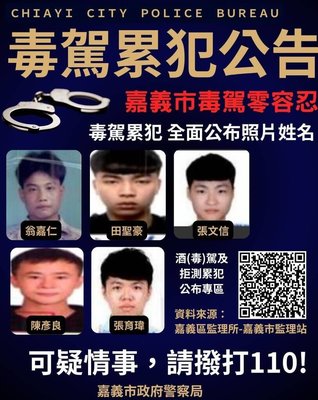 嘉市警公布5毒駕累犯姓名照片　盼達嚇阻效果