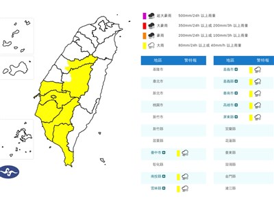 鋒面及西南風影響　8縣市大雨特報