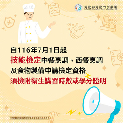 報考中西餐技檢 116年7月起須衛生講習或學分證明
