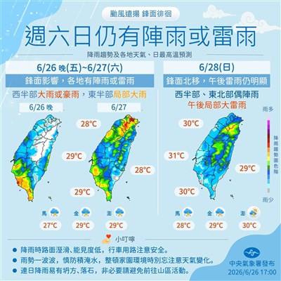 吳德榮：防劇烈天氣　6/28起鋒面漸北退降雨逐日緩