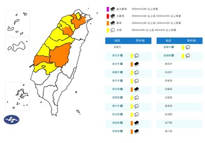 新北南投雲林豪雨特報 彰化以北及嘉義山區大雨