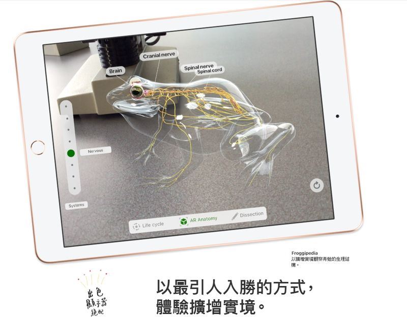 蘋果推出9.7吋螢幕iPad,搭配AR功能的APP還能讓學生解剖青蛙。(圖取自蘋果官網 www.apple.com)