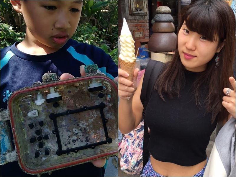 椿原世梨奈(右)2年多前在石垣島掉的相機海漂到台灣,被淨灘小學生發現。(圖取自李公元臉書www.facebook.com/park.lee.10)