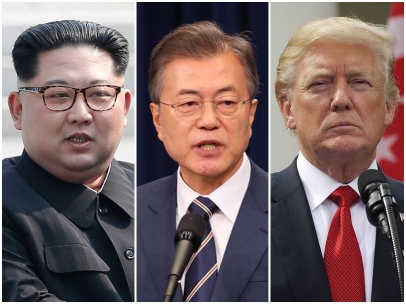 南韓媒體報導,根據外交人士透漏,美國總統川普(右)12日在新加坡與北韓領導人金正恩 (左)舉行高峰會時,南韓總統文在寅(中)也將加入。(左圖取自兩韓峰會共同採訪團、中圖韓聯社提供、右圖中央社檔案照片)