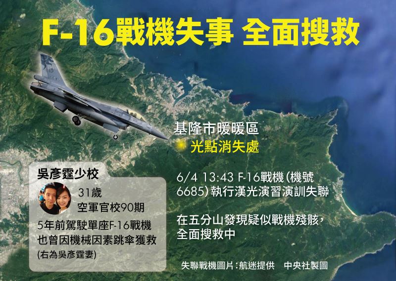 花蓮基地一架F-16單座戰機4日下午1時43分由飛行官吳彥霆少校在北部空域執行演訓時,光點在基隆暖暖粗坑山區消失。(中央社製圖)