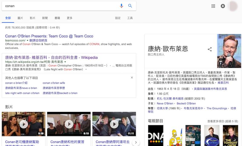 在台灣以Google搜尋Conan，得到的第一項結果是歐布萊恩的節目「柯南秀」。（圖片取自Google搜尋網頁google.com.tw）